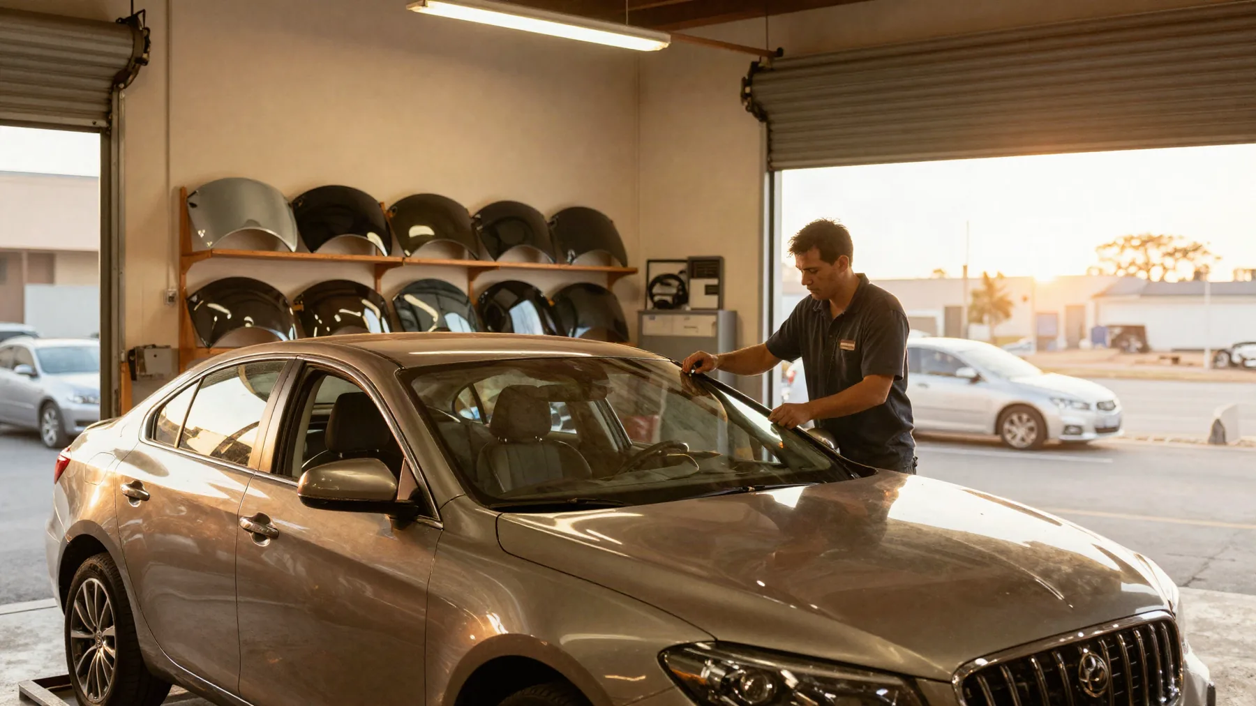 A technician working on a vehicle's windshield inside the Blondi Auto Glass bay in the Bronx