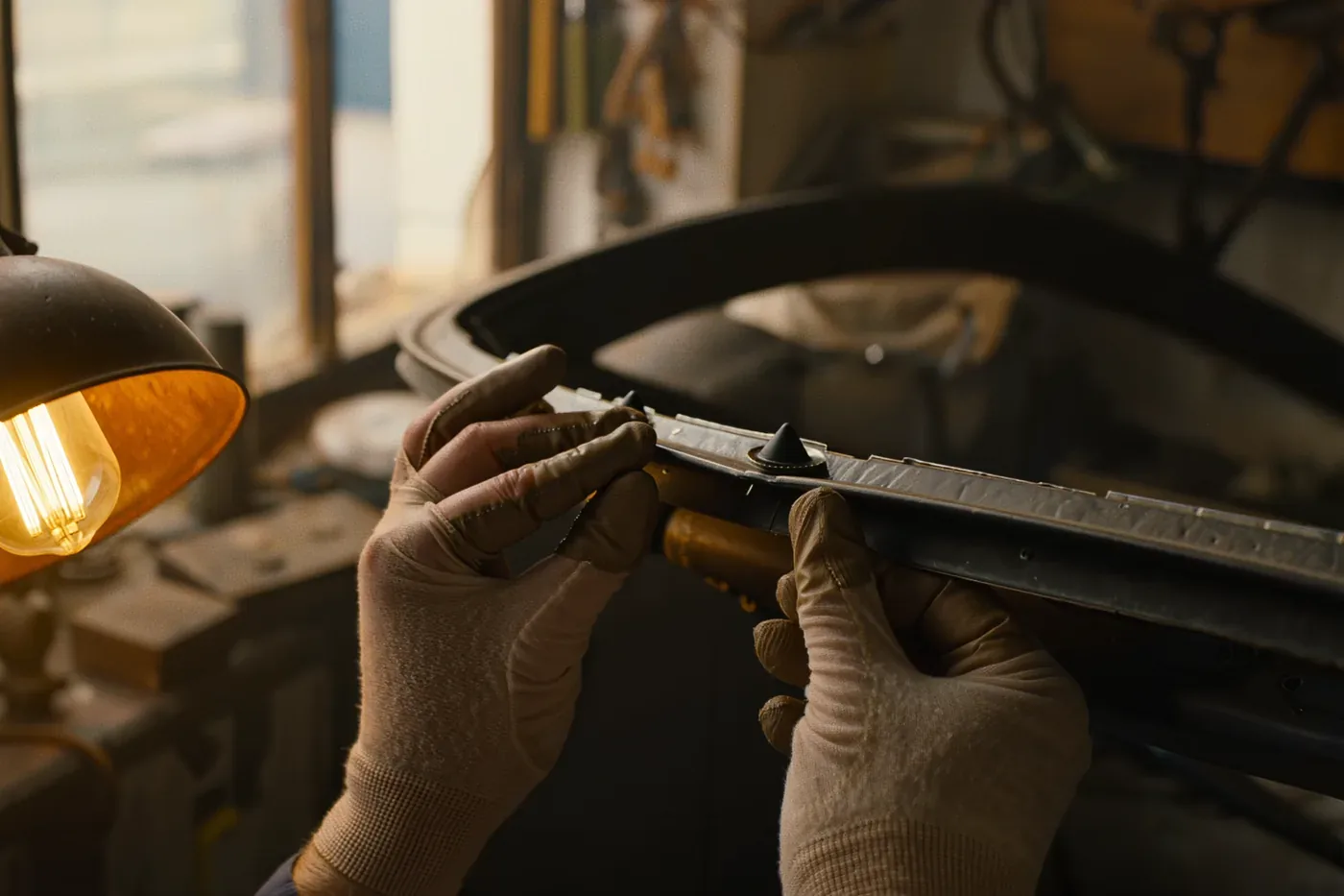Hands installing auto glass and laying the urethane bead on a vehicle